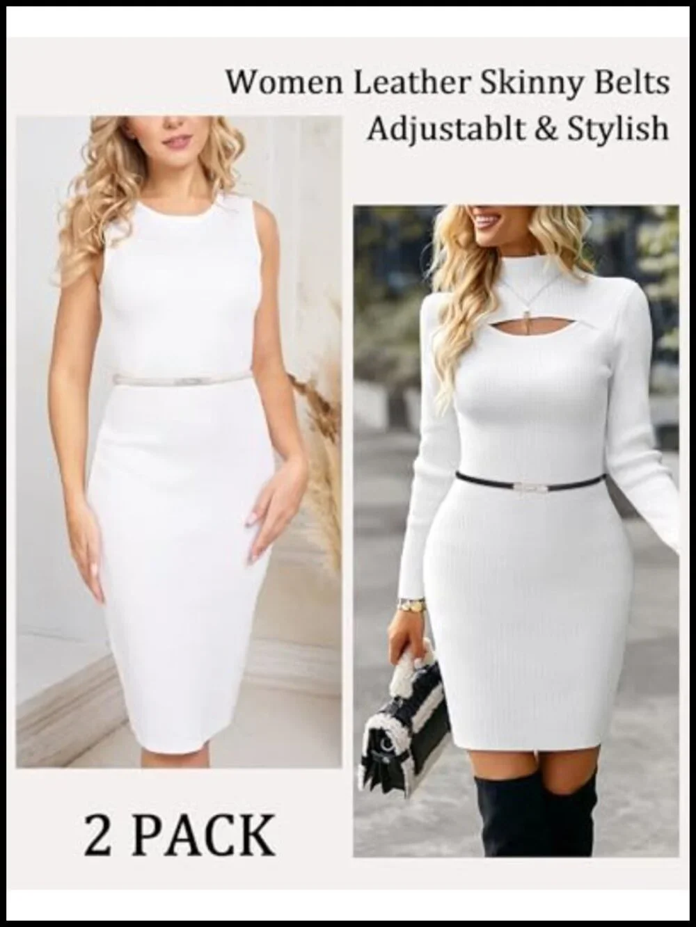 2 Pack Women Skinny PU Leather Belt, Thin Waist Belt with Gold Buckle,